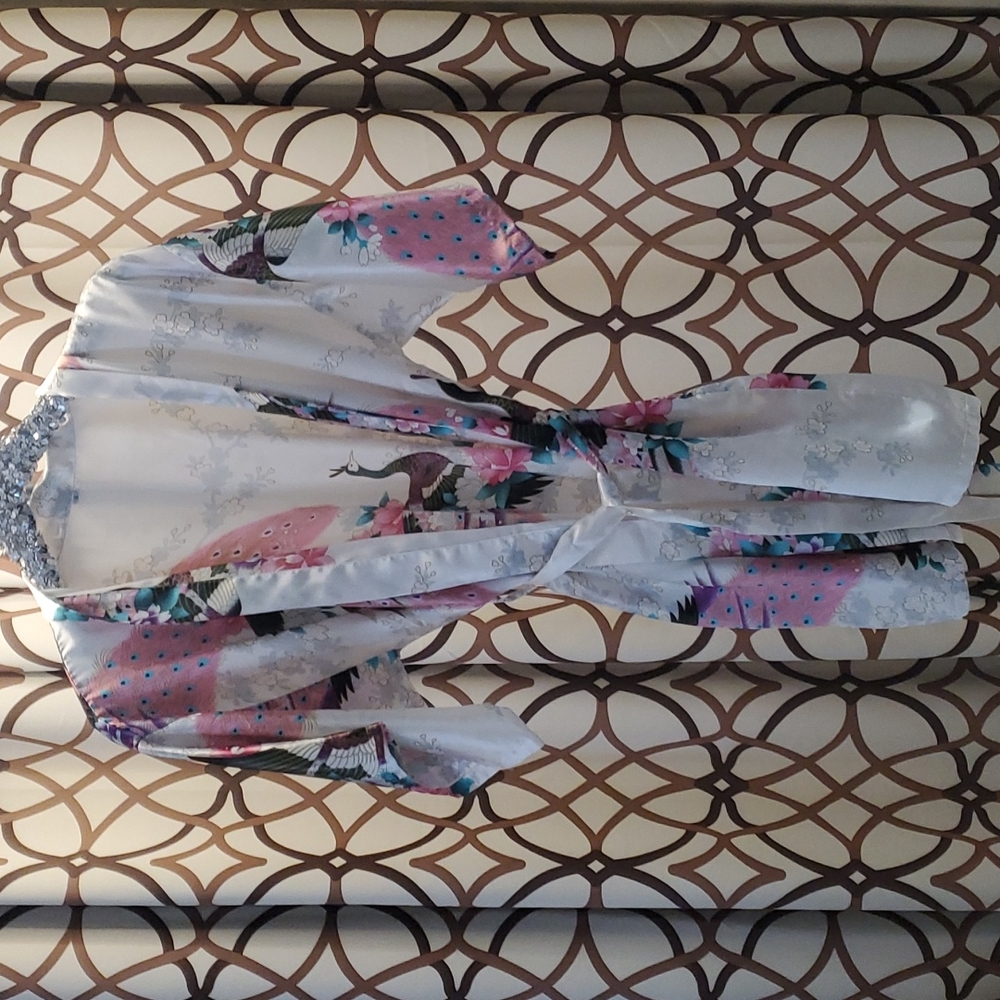 Silky feeling robe with peacock embellishments